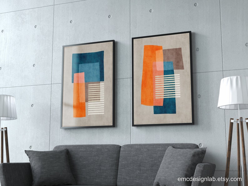 Original Unique Abstract Art Set 2 Prints Orange White Dark Teal Petrol Blue Beige Classy Artwork Set of 2 Digital Painting image 4