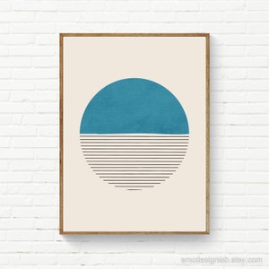 Minimalist Blue Semicircle Wall Art, Abstract Landscape Horizontal Lines, Blue Circle Black Line Art, Geometric Modern Wall Art