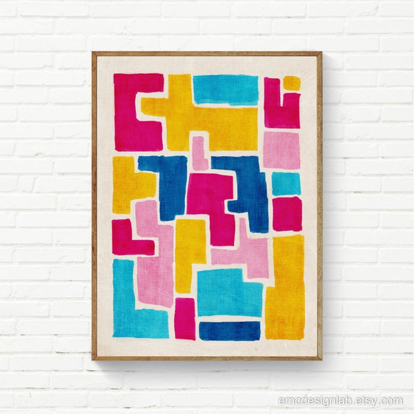 Bright Colors Abstract Wall Art, Vibrant Nursery Print, Colorful Living, Yellow Blue Pink Fuchsia Wall Art, Original Modern Decor