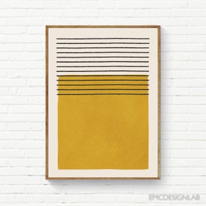 Art mural lignes noires et blocs de couleur moutarde, impression simple minimaliste, lignes horizontales, décoration murale abstraite, minimalisme tendance moderne