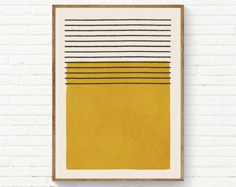 May include: Abstract art print with a yellow rectangle and black lines. The rectangle is divided into two sections, one with horizontal lines and the other with vertical lines.