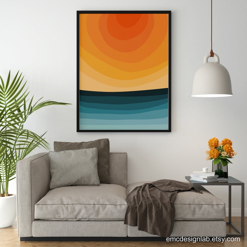 Bright Colors Abstract Minimalist Sunset Landscape, Minimal Vibrant Colors Wall Art, Orange Teal Red Blue Yellow image 4
