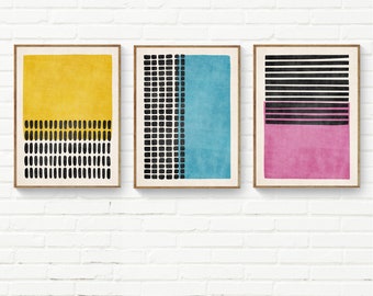 Set van 3 kleurrijke abstracte prints | Geel, blauw, roze, gedurfde minimalistische kunst