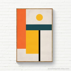Obra de arte abstracta geométrica, impresión estilo Bauhaus, arte mural de mediados de siglo en tonos naranja, amarillo y verde azulado. imagen 1