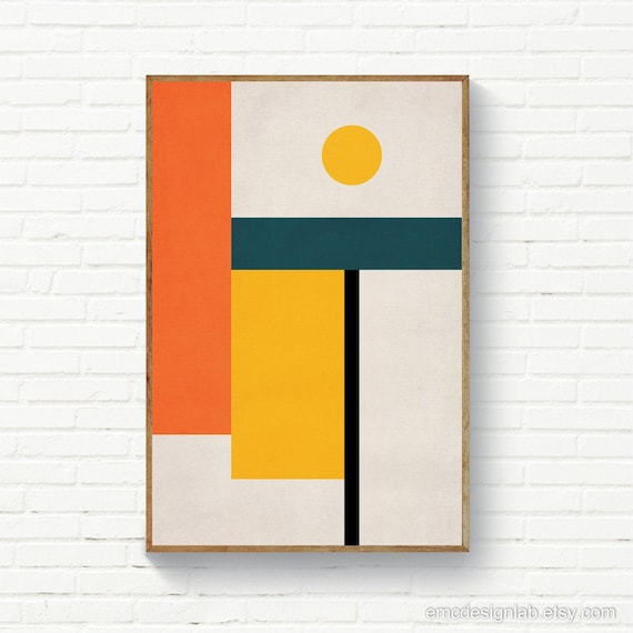 Geometric Abstract Artwork, Geometric Abstract Art, Bauhaus Style Print, Orange Yellow Teal Mid-Century Style Wall Art