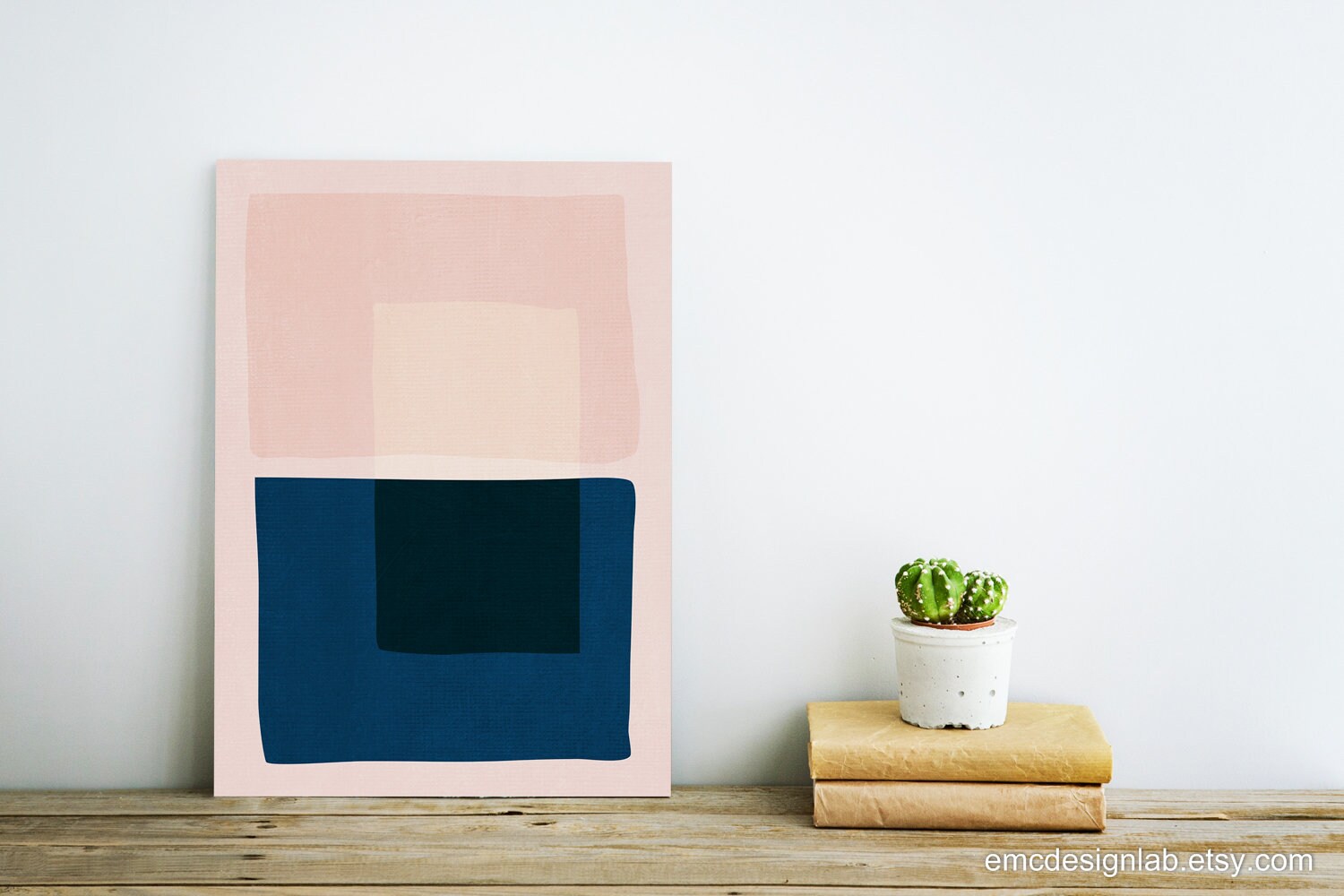 Pink & Navy Wall Art Original Print Blush Blue Midcentury Etsy