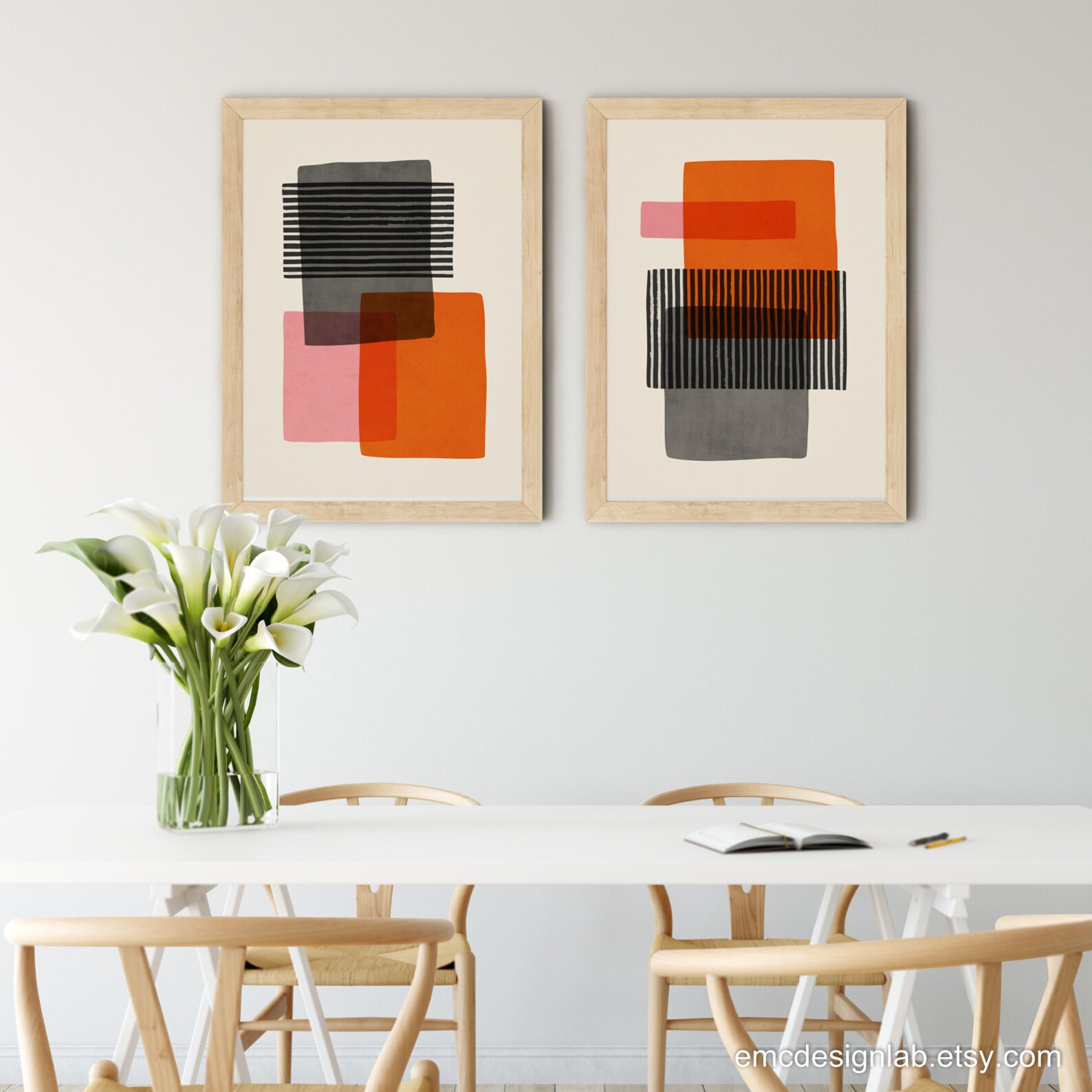 Orange & Gray Wall Art Abstract Shapes Modern Artwork Orange Etsy