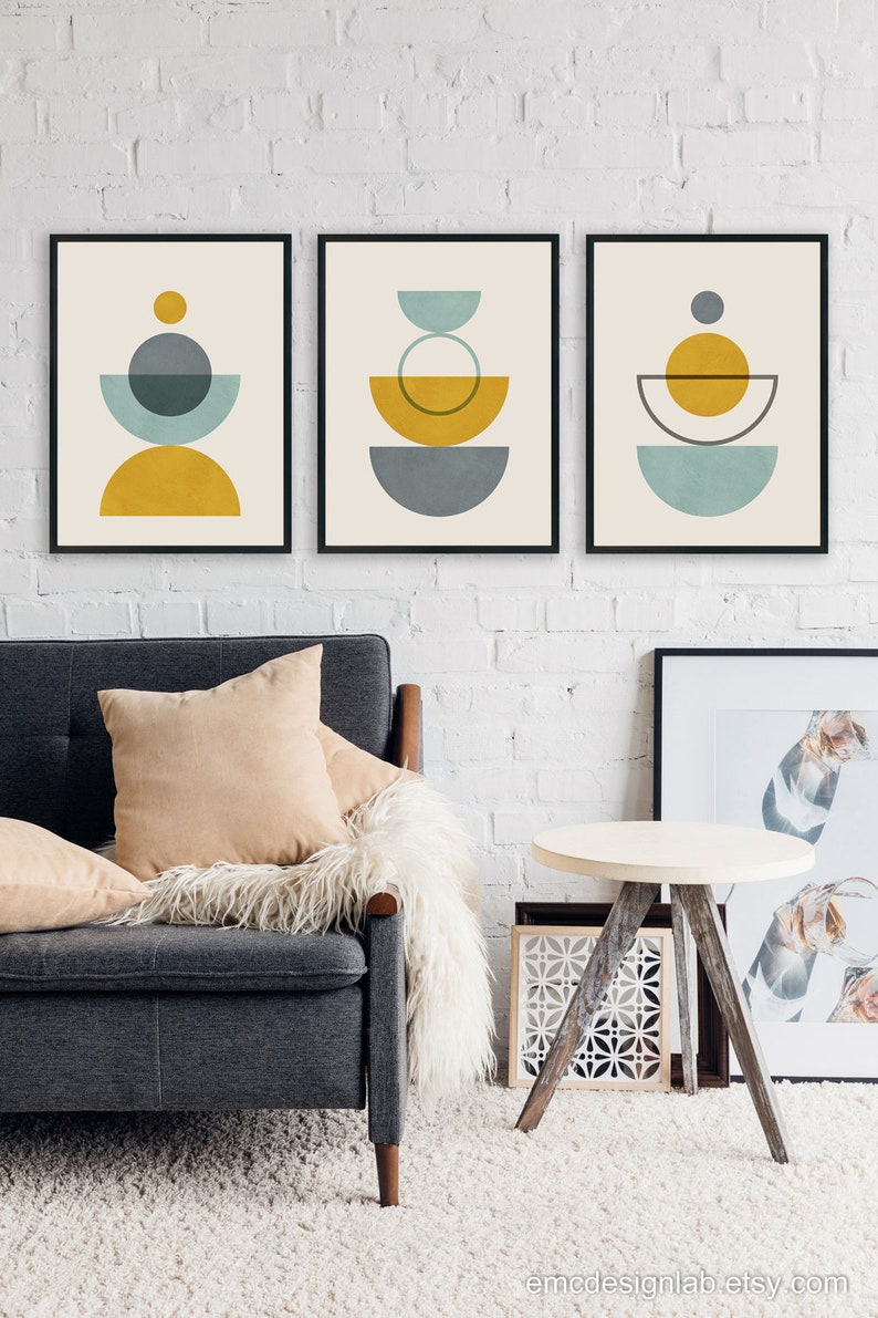 Set of 3 Mustard Wall Art Gray Mustard Print Set Original Etsy