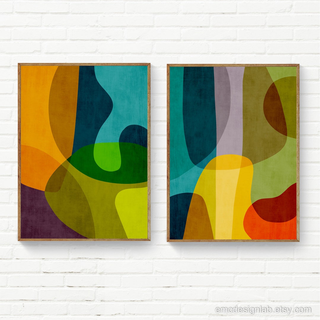 Set of 2 Colorful Abstract Prints, Bold Wall Art Set of 2, Midcentury