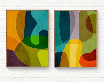Set of 2 Colorful Abstract Prints Bold Wall Art Set of 2, Mid-Century Modern Wall Decor, Original Colorful Digital Painting Wall Art