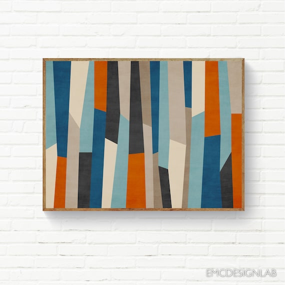 Mid-century Modern Horizontal Artwork Burnt-orange Beige Blue