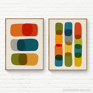 Set of 2 Abstract Modern Colorful Wall Art, Orange Red Gray Blue Yellow Green Mid-Century Modern Set of 2 Prints