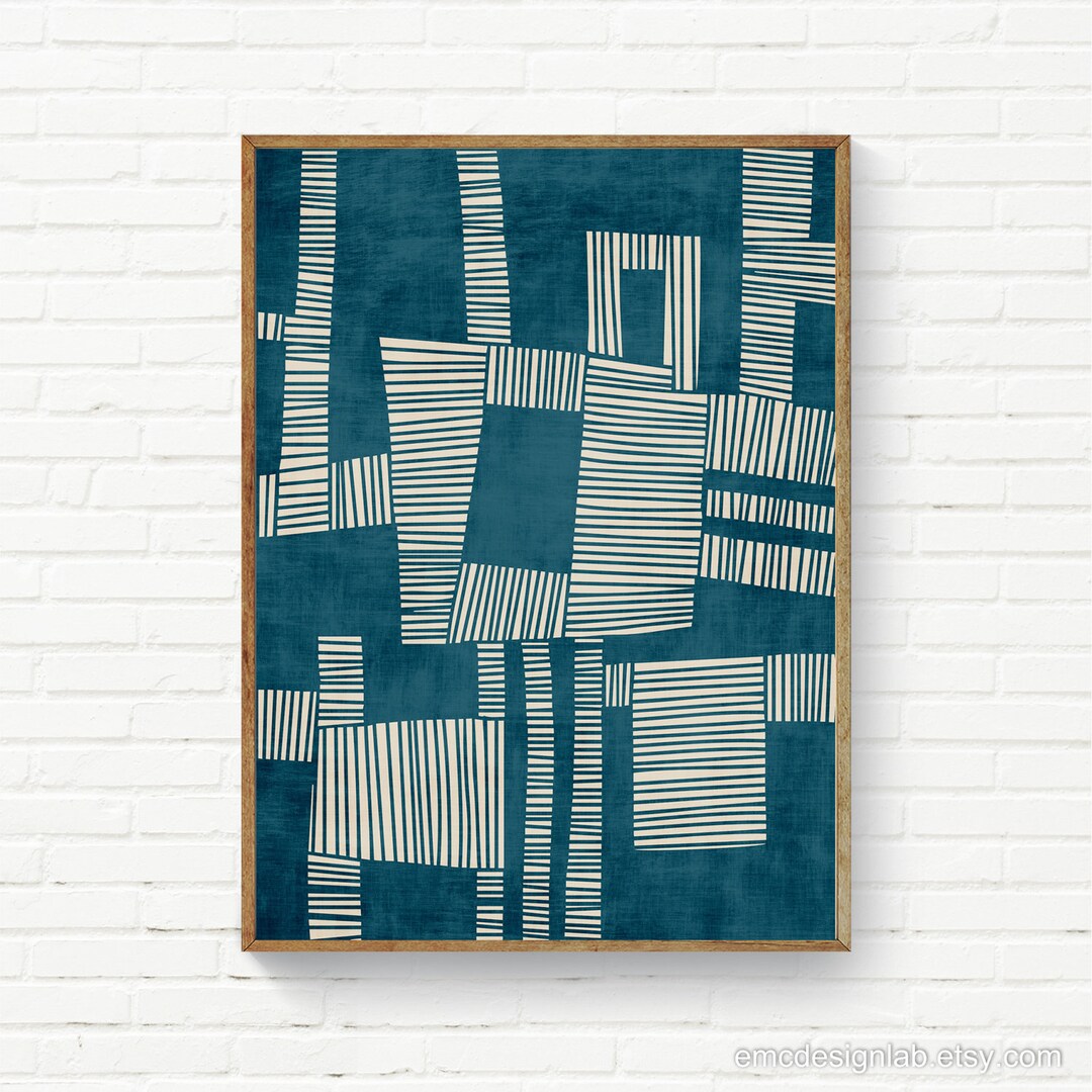 Dark Teal Digital Linocut Wall Art Print, Modern Rich Petrol Color ...