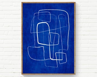 Cobalt Blue White Line Art Print Original Artwork
