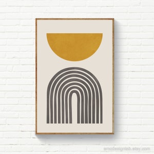 Minimalist Arches Print, Minimal Boho Wall Art, Yellow Gray Arches Wall Art, Mustard Semicircle