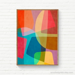 May include: Abstract art print with geometric shapes in shades of red, orange, yellow, green, blue, and purple. The shapes overlap and create a sense of depth and movement.