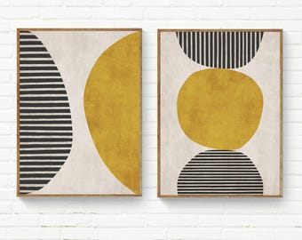 Modernes Abstraktes Senfgelb & Schwarz Kunst Set: Geometrische Formen Originale Kunstwerke