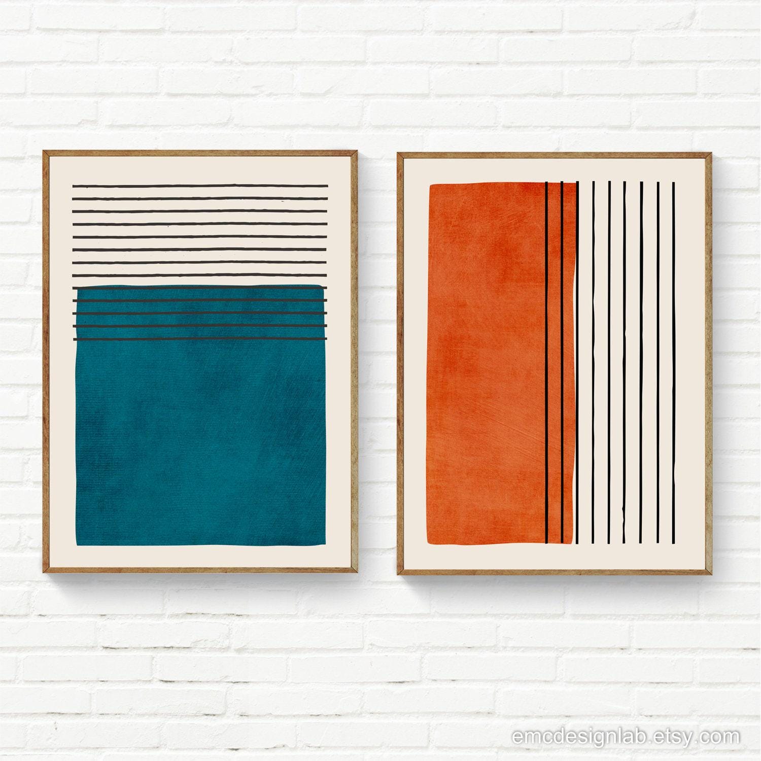 Dark Teal Orange Black Art Set 2 Prints Modern Mid-century