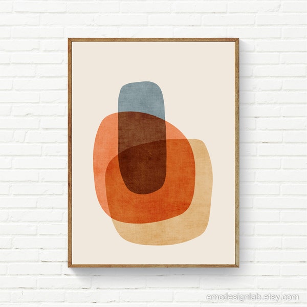 Rust Beige Blue Organic Shapes Modern Art Print, Abstract Burnt Orange Tan Linen Texture Wall Art Print, MCM Warm Saturated Colors Print