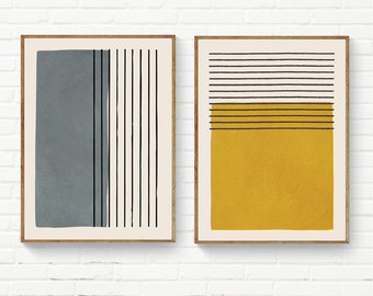 Set of 2 Mustard Wall Art, Set of 2 Abstract Prints, Original Mustard & Gray Minimalist Art Print Set