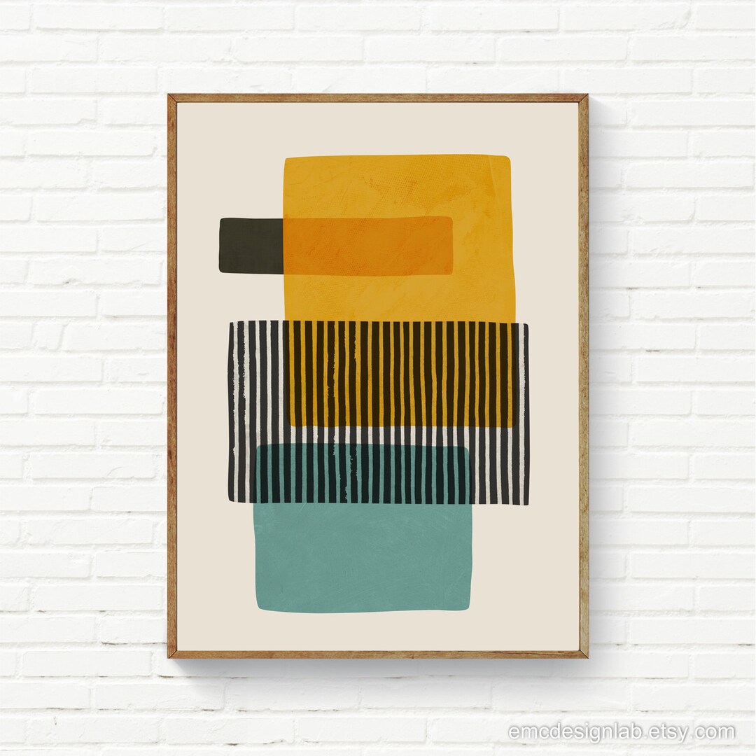 Abstract Teal Gray Yellow Wall Art, Mustard Light Teal Black Stripes