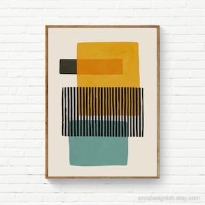 Abstract Teal Gray Yellow Wall Art, Mustard Light Teal Black Stripes, Bold Contemporary Art, Abstract Shapes Print