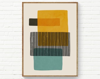 Abstract Teal Gray Yellow Wall Art, Mustard Light Teal Black Stripes, Bold Contemporary Art, Abstract Shapes Print