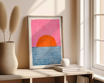 Roze en oranje zon abstract landschap kunstwerk modern origineel zeegezicht canvaskunst