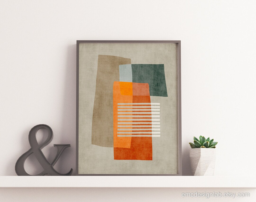 Beige Teal Blue Orange Wall Art Print Abstract Modern Bedroom Wall Art ...