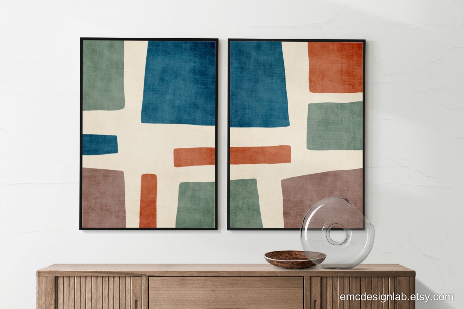 Dark Teal Terra Brown Olive Green Abstract Art Print Set of 2 - Etsy