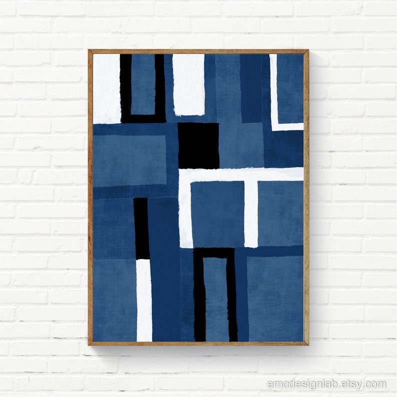 May include: Abstract geometric art print with a blue, white, and black color scheme. The print features a variety of rectangular shapes arranged in a modern and minimalist style.