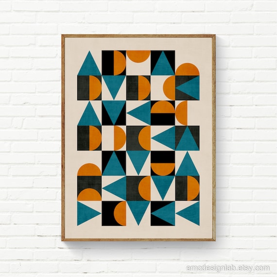 Mid-century Geometric Print in Teal Orange Black, Geometric