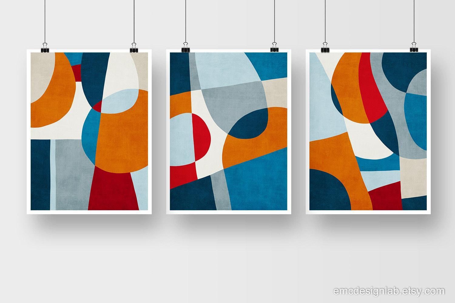 Mid-century Modern Bold Abstract Set of 3 Art Prints Burnt Orange