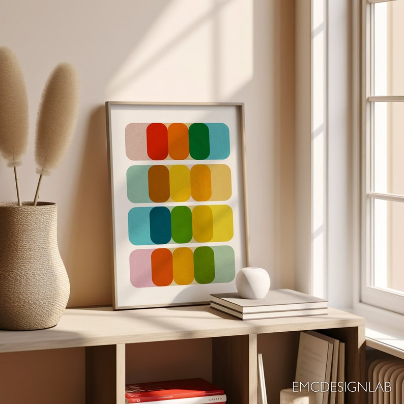 Abstract Mid Century Print Minimalist Modern Wall Art Abstract Geometric Artwork, Blue Red Orange Yellow Print image 9