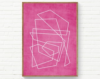 May include: Abstract geometric art print with white lines on a pink background. The print is framed in a wood frame.
