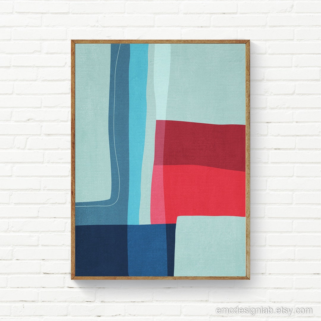 Blue & Red Abstract Wall Art, Light Blue Navy Red Minimalist Abstract