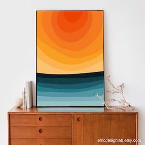 Bright Colors Abstract Minimalist Sunset Landscape, Minimal Vibrant Colors Wall Art, Orange Teal Red Blue Yellow image 9