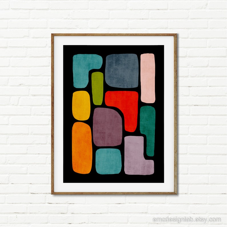 May include: Abstract art print with a black background and colorful geometric shapes in shades of red, orange, yellow, green, blue, purple, and pink.