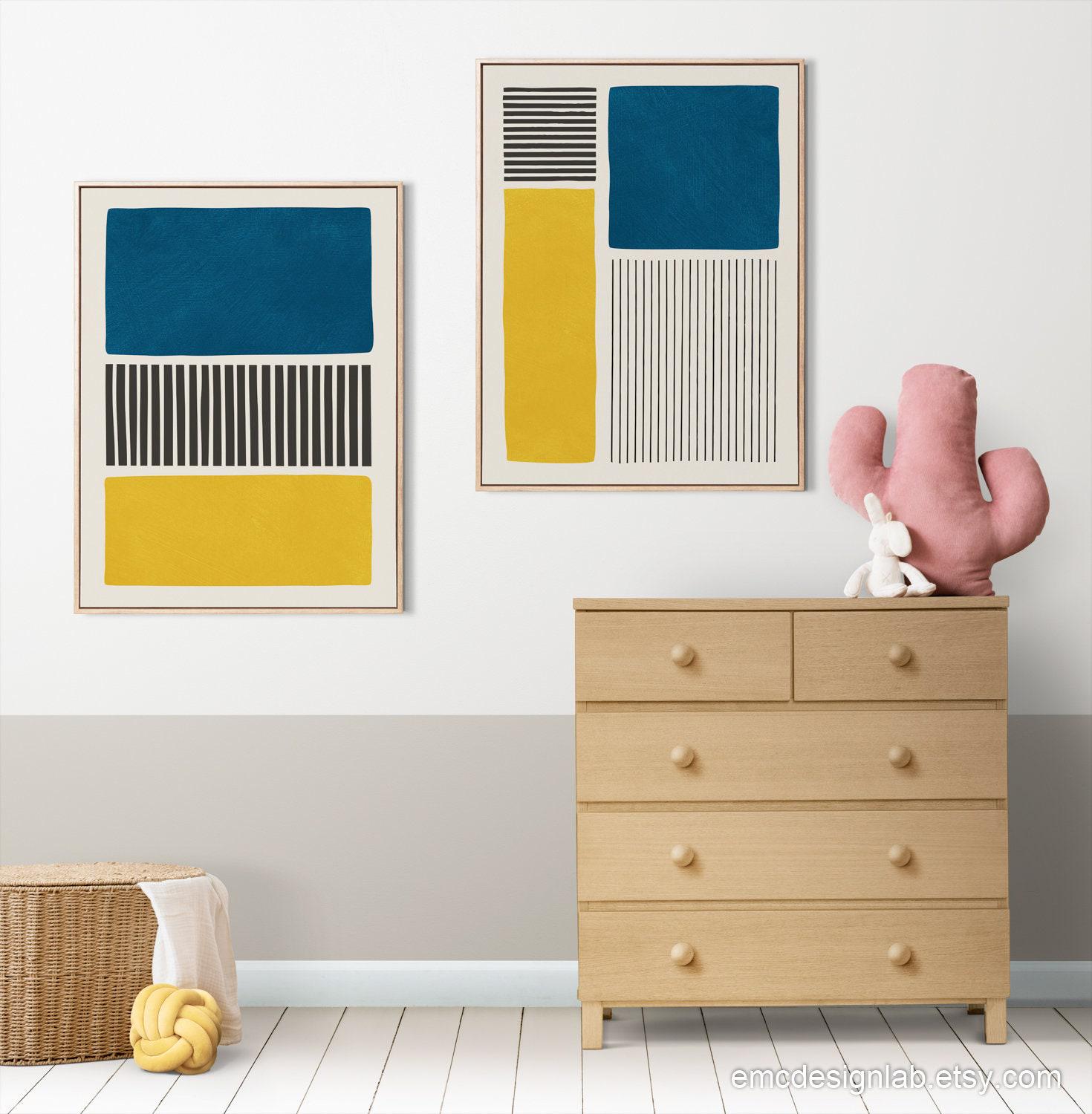 Yellow & Blue Set of 2 Prints, Original Color Block Bold Black Lines ...