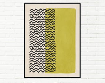 Zwarte golvende lijnen print, chartreuse abstracte minimalistische ingelijste kunstprint