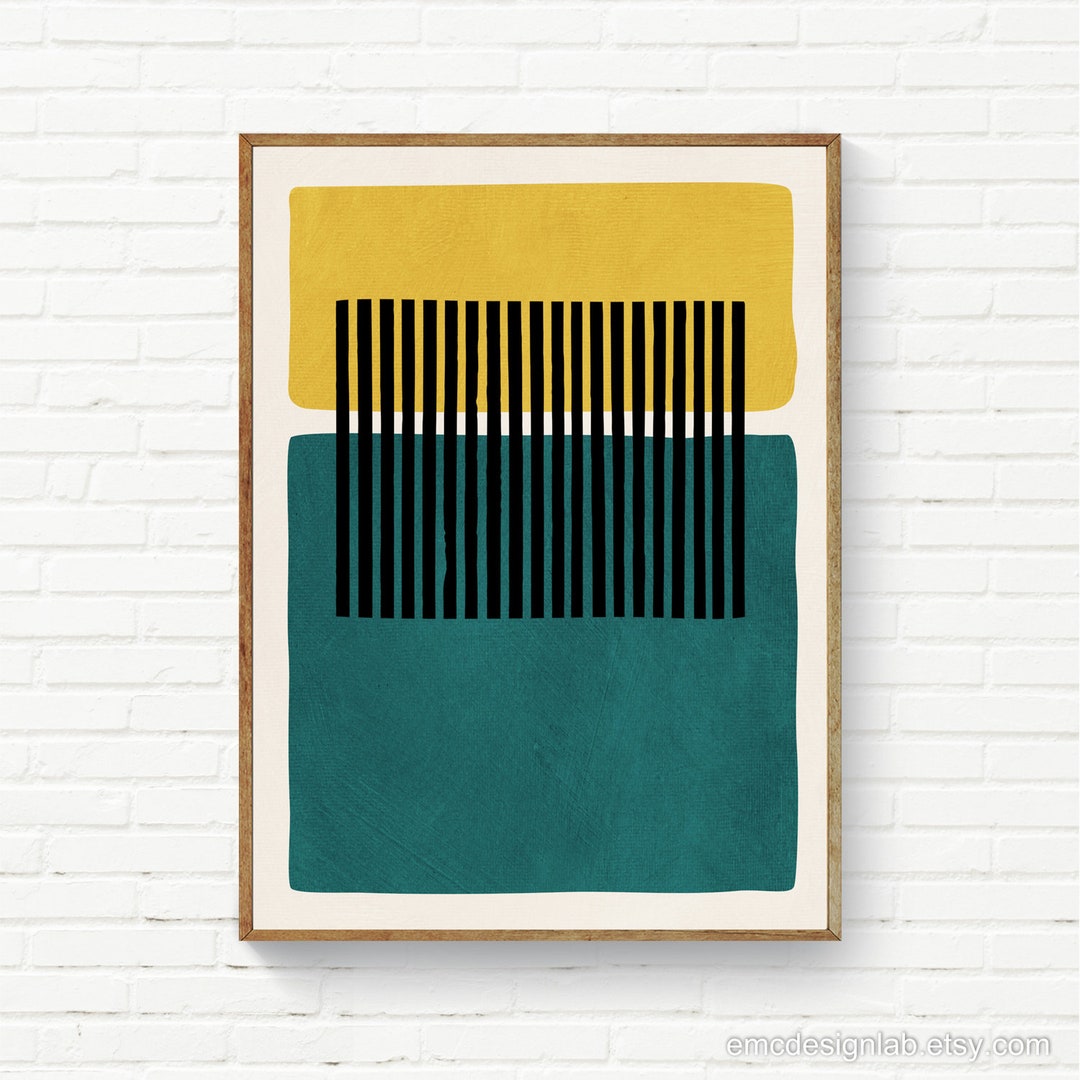 Abstract Teal Yellow Wall Art, Mustard Dark Teal Black Lines, Bold MCM