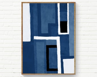 Abstract Living Room Wall Art, Abstract Digital Painting, Office Large Wall Art Navy Blue White Black