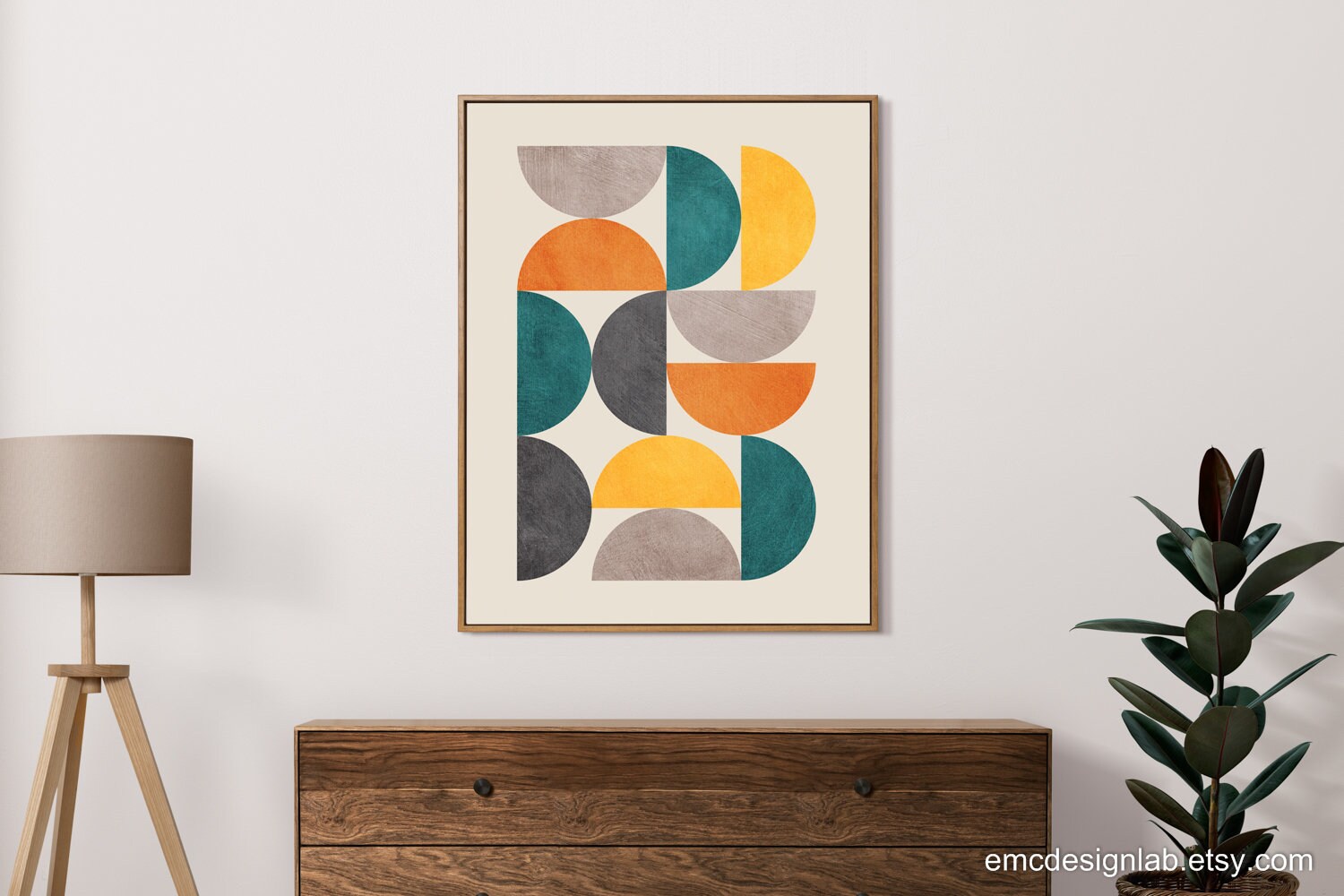 Teal Gray Yellow Beige Orange Modern Geometric Wall Art, Mid