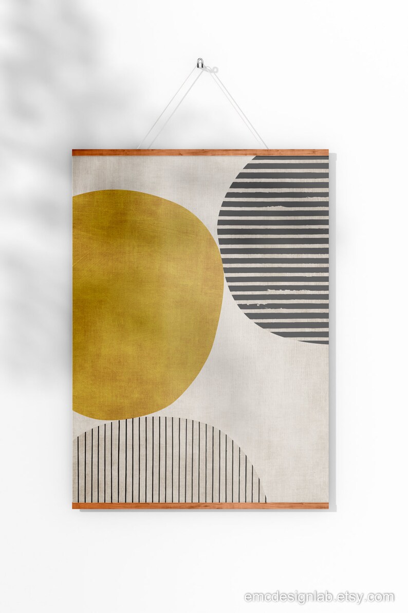 Senapsgula cirkelsvarta djärva linjer konstverk modern konsttryck rik textur vardagsrumsväggkonst, djärva minimalistiska konsttryck bild 2