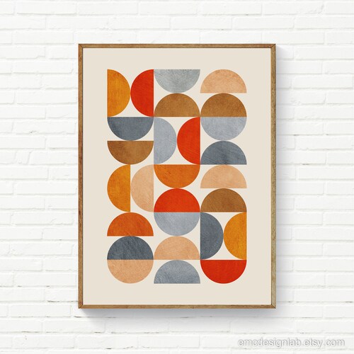 Mid-century Modern Semicircles Print Wall Art Geometric Decor Gray