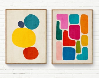 Set of 2 Vibrant Colors Wall Art, Set of 2 Colorful Prints, Original Wall Art Set, Nursery Wall Art Set of 2 Prints, Red Yellow Teal Orange