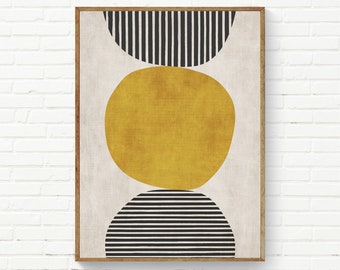 Gelber Kreis und schwarze mutige Linien Wandkunst, Senfschwarzer Kunstdruck, moderne abstrakte mutige Minimalismus-Wandkunst, Bürooriginale digitale Kunst