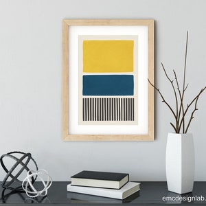 Blue & Mustard Wall Art Black and White Stripes Mid-century - Etsy