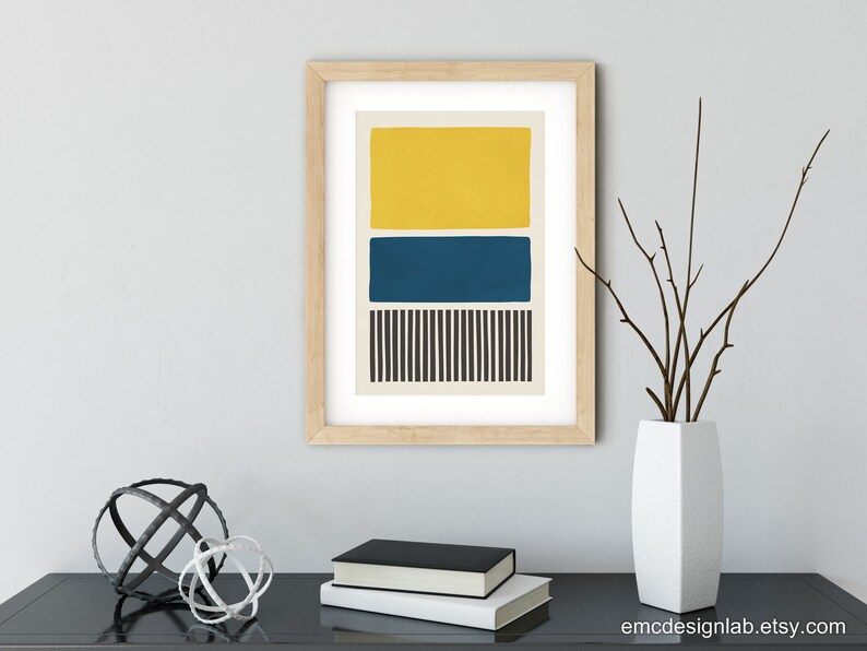 Blue & Mustard Wall Art Black and White Stripes Mid-century - Etsy