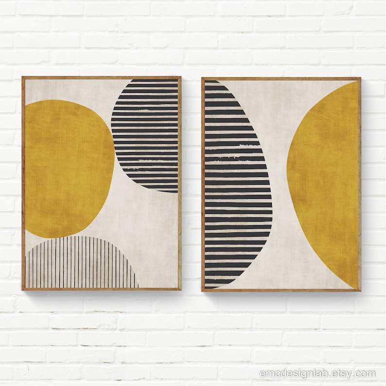 Senapsgula cirkelsvarta djärva linjer konstverk modern konsttryck rik textur vardagsrumsväggkonst, djärva minimalistiska konsttryck bild 9